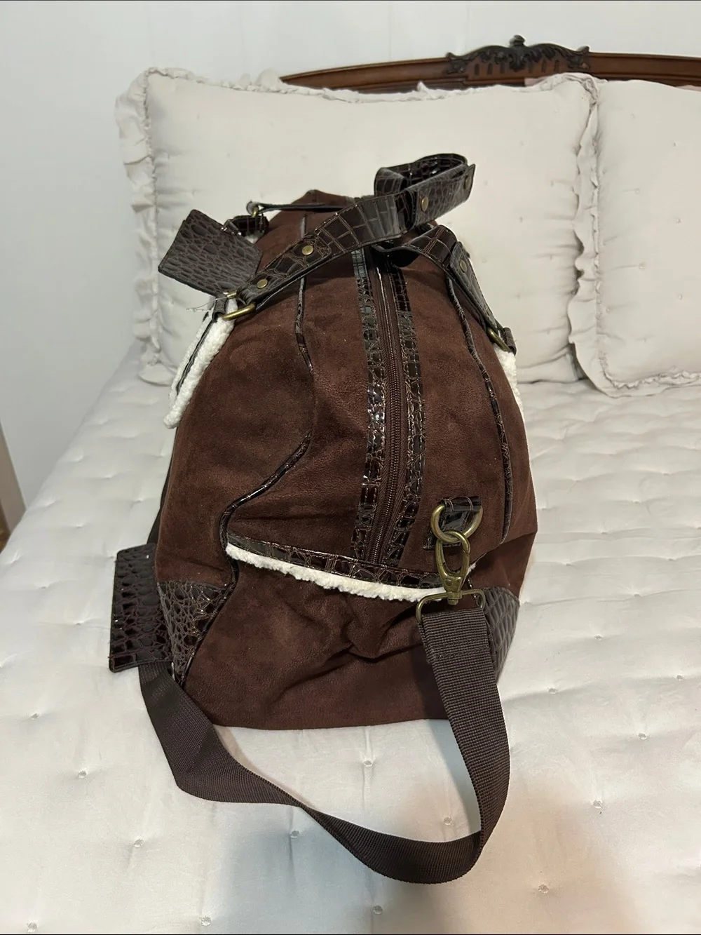 Bath & Body Works Brown Suede Duffel Bag with Croc Trim and White Fur — OS